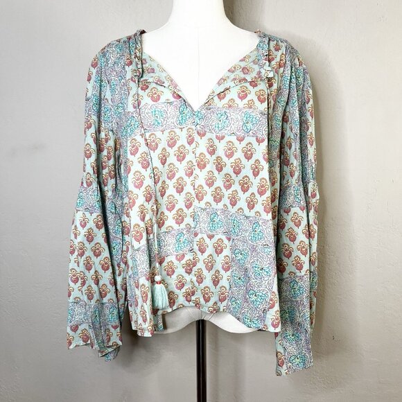Anthropologie Lilka Boho Peasant Blouse Floral‎ Paisley Bell Sleeve Split Neck L - Picture 1 of 11